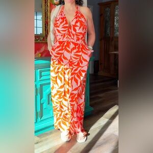 Cupshe Orange & White Halter Maxi Jumpsuit